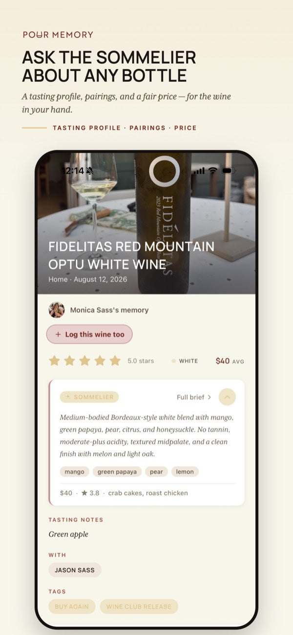 Memory with the sommelier brief, with the caption: Ask the sommelier about any bottle. A tasting profile, pairings, and a fair price for the wine in your hand.